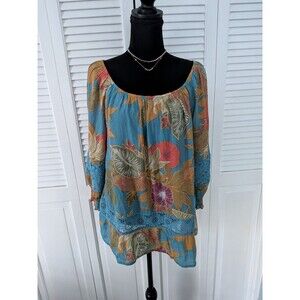 Unique Spectrum Floral Peasant Top Off Shoulder Crochet Blouse L Blue Boho Fairy